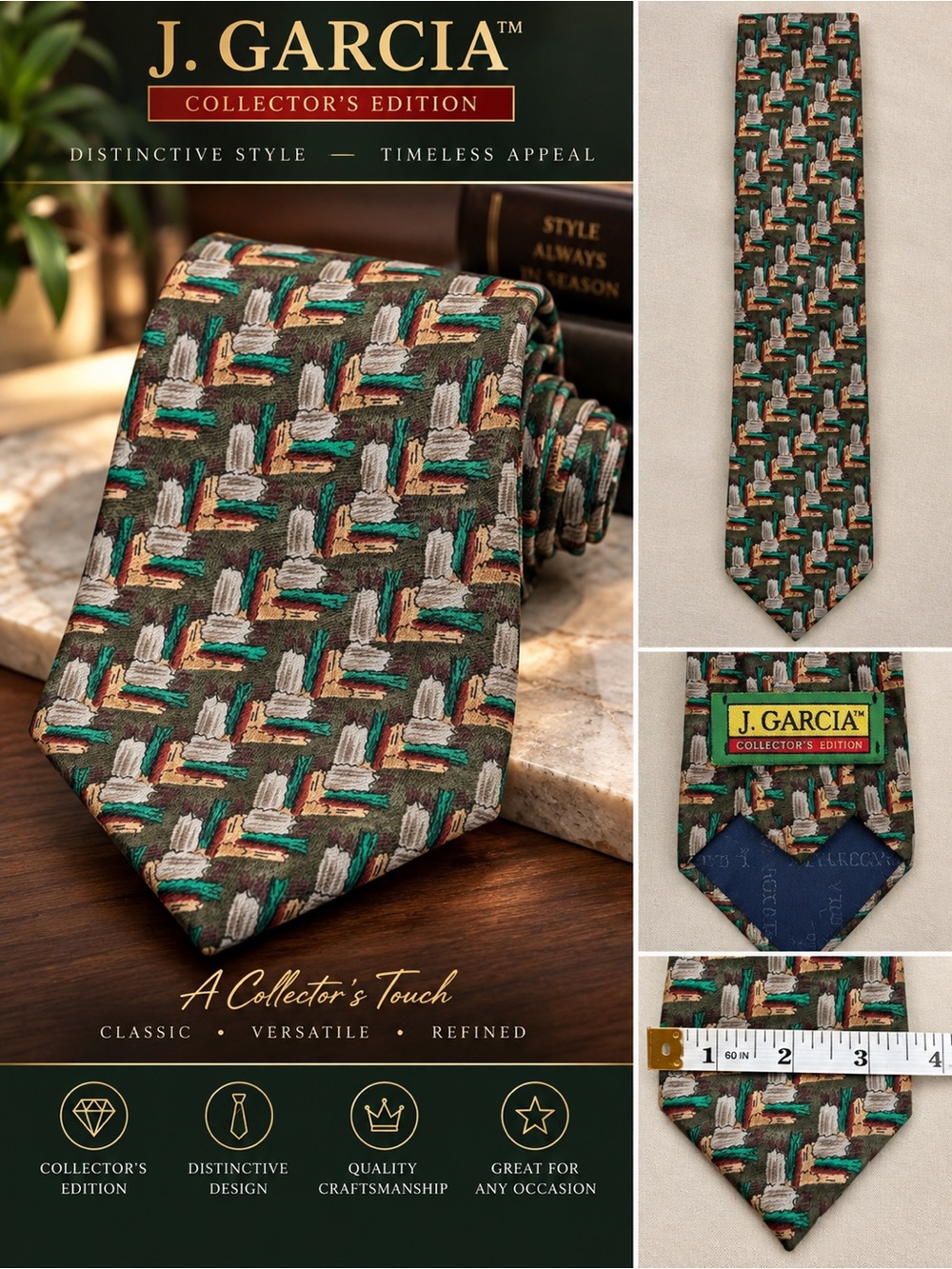 J. Garcia “Stonehenge” Collectors Edition Men’s Silk Tie Geometric Pattern